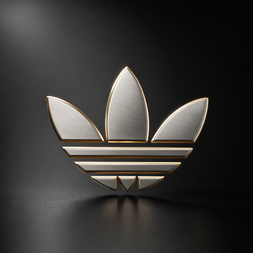 Photorealistic 3D render of Adidas trefoil logo in brushed silver metal